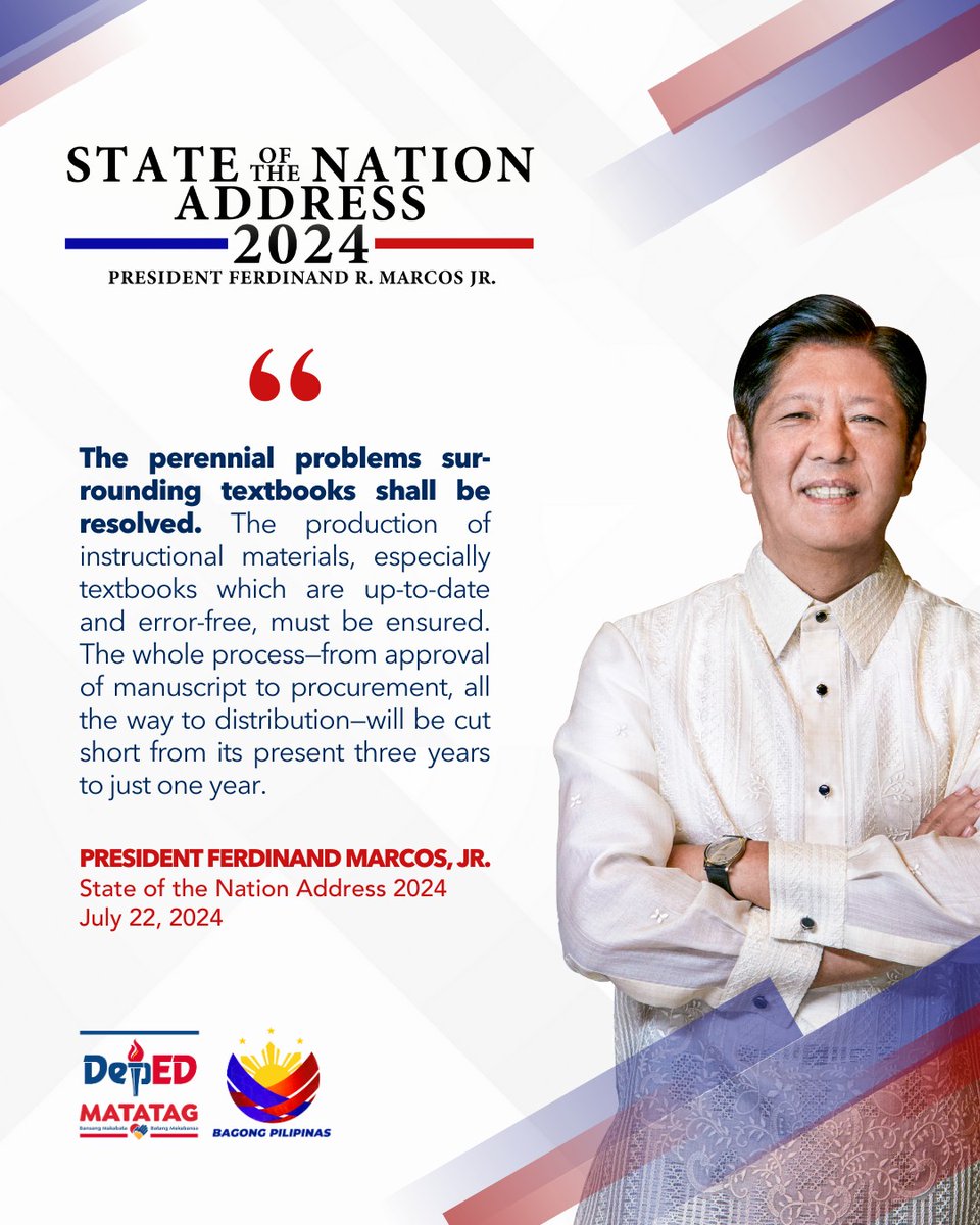 DepEd_PH's tweet photo. Binigyang-diin ni Pangulong Ferdinand Marcos Jr. sa kanyang ikatlong SONA ang paglutas sa problema kaugnay ng textbooks para sa mga mag-aaral.

#SONA2024 #MATATAG #DepEdPhilippines https://t.co/wHGKoYtF5b