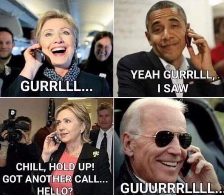 hyukafag's tweet photo. hillary clinton barack obama joe biden talking on phone gurrlll... yeah gurrlll, i saw chill, hold up! got another call... hello? guuurrrllll.. https://t.co/0cJsW3nQ8s