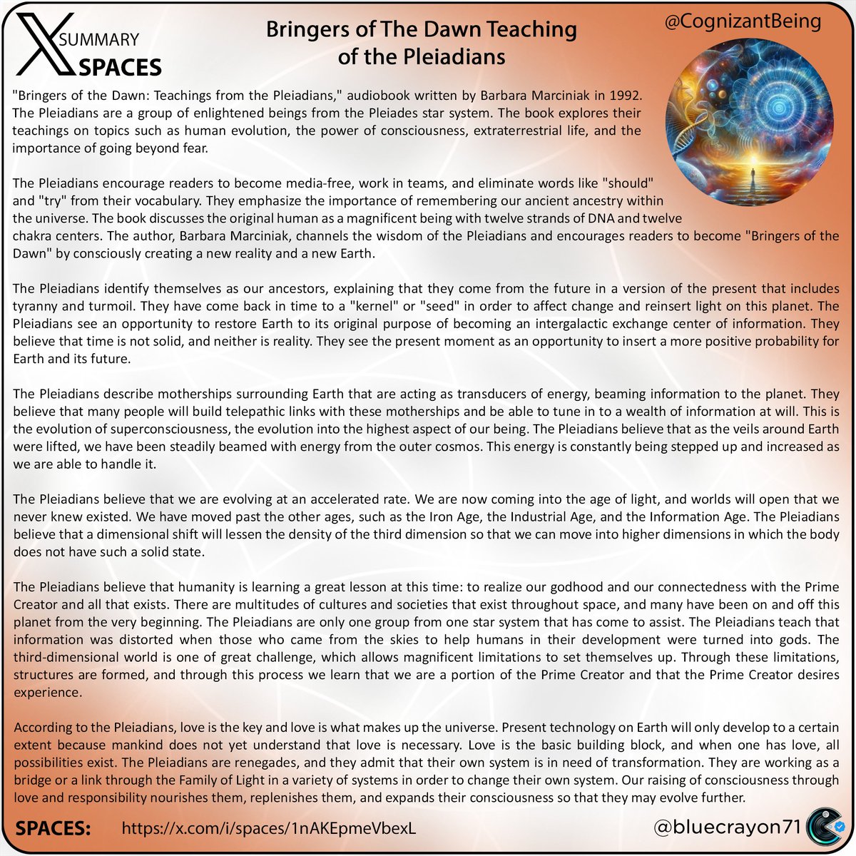 bluecrayon71's tweet photo. Bringers of The Dawn Teaching of the Pleiadians @CognizantBeing
Spaces: https://t.co/nJxImOmCOd
#Pleiadians #BarbaraMarciniak #HumanEvolution #Consciousness #ExtraterrestrialLife #FamilyOfLight #DimensionalShift #PrimeCreator #Gods #AncientHistory #DNA #SpiritualAwakening https://t.co/8hunkx3CTq