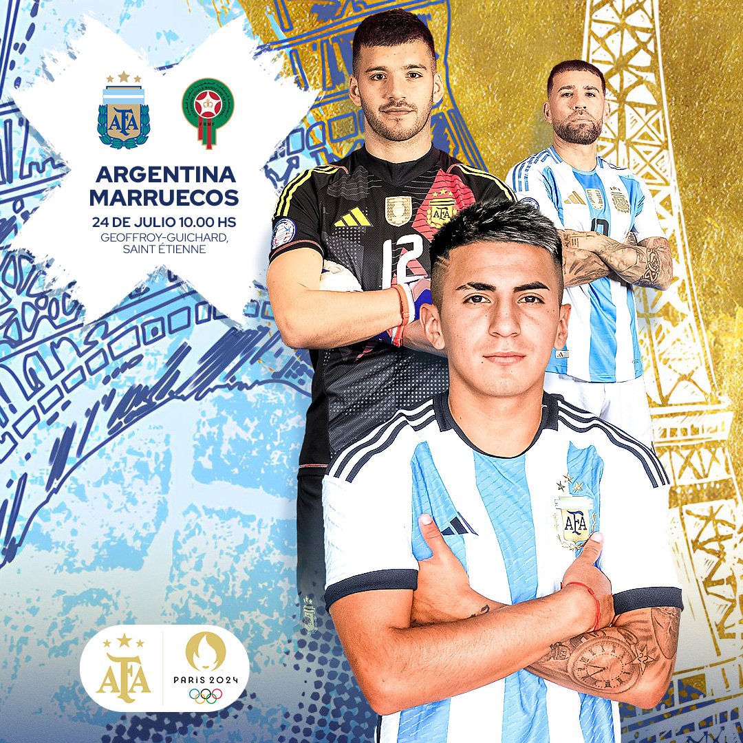 Argentina's tweet photo. 🏆 #JuegosOlímpicos    #Paris2024    
🗓 Fecha 1
⚽ @Argentina 🇦🇷 🆚 #Marruecos 🇲🇦
⏲ 10.00 
👨‍⚖️ Glenn Nyberg (Suecia)
🏟 Estadio Geoffroy-Guichard
📝 https://t.co/bwWikFcKuh

#EquipoARG 🤜🤛 https://t.co/NUHsdQ3UrE