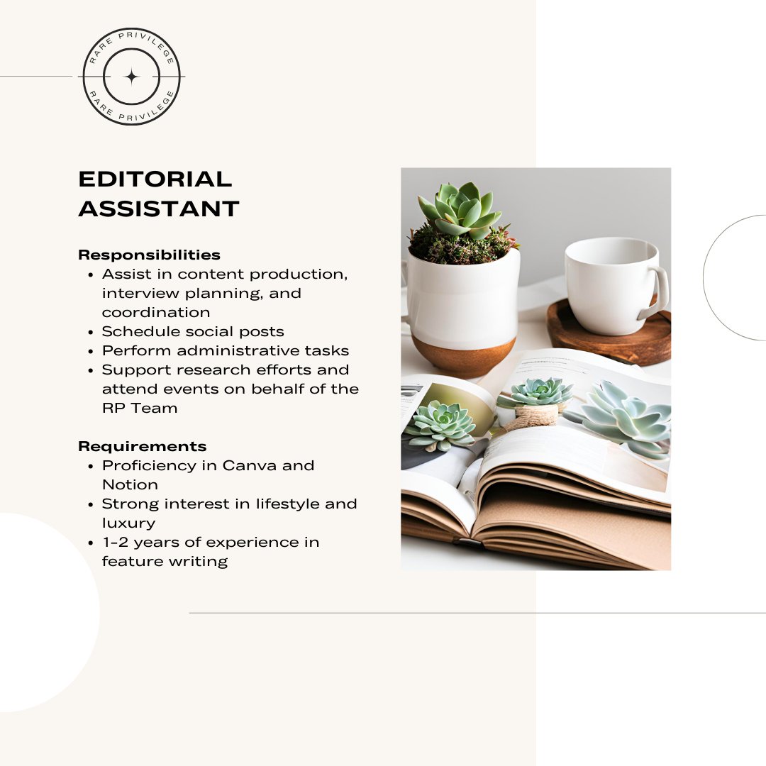 rareprivilege's tweet photo. ㅤ

           ✦  ━━━━━━━━━━━━━━━━━━━━━
           Rare Privilege is on the hunt
           for an Editorial Assistant 👀 
           Send your writing portfolio to
           rareprivilege.rpw@gmail.com 📨
           #RarePrivilegeRPW

ㅤ https://t.co/PtKzpOZG58