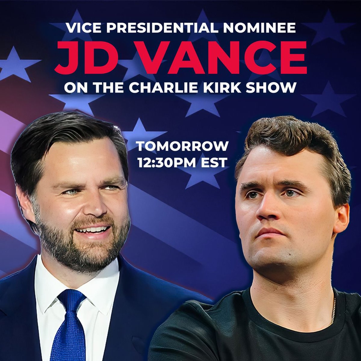 charliekirk11's tweet photo. 🚨 Tomorrow I’ll be interviewing the next Vice President of the United States, Sen. JD Vance, at 12:30 PM EST. 

RUMBLE LIVE: https://t.co/3BNVQ2FlT5

PODCAST: https://t.co/WEF2fpkN8Y https://t.co/sE8QSpMa2j
