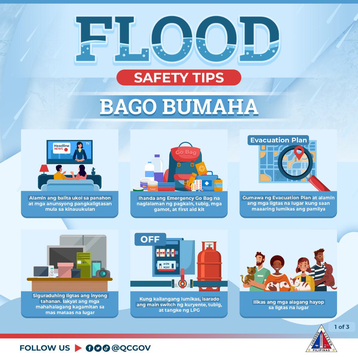 QCGov's tweet photo. QCitizens, patuloy pa rin ang malakas na pag-ulan bunsod ng Bagyong #CarinaPH at habagat na naging sanhi ng matinding baha sa ilang lugar sa lungsod.⛈

Alamin ang ilang safety tips at mga paghahandang dapat gawin kapag may banta ng masamang panahon o bagyo. https://t.co/7fhvpDGHiB