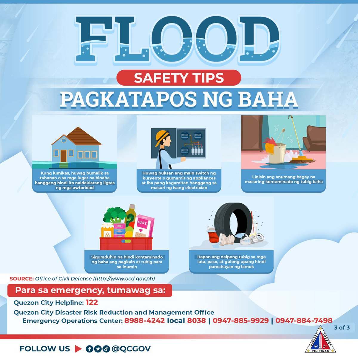 QCGov's tweet photo. QCitizens, patuloy pa rin ang malakas na pag-ulan bunsod ng Bagyong #CarinaPH at habagat na naging sanhi ng matinding baha sa ilang lugar sa lungsod.⛈

Alamin ang ilang safety tips at mga paghahandang dapat gawin kapag may banta ng masamang panahon o bagyo. https://t.co/7fhvpDGHiB