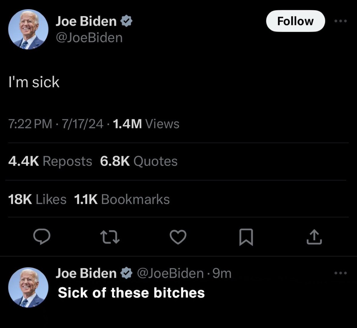 hyukafag's tweet photo. joe biden tweet i'm sick sick of these bitches https://t.co/4uOD1TOuPO