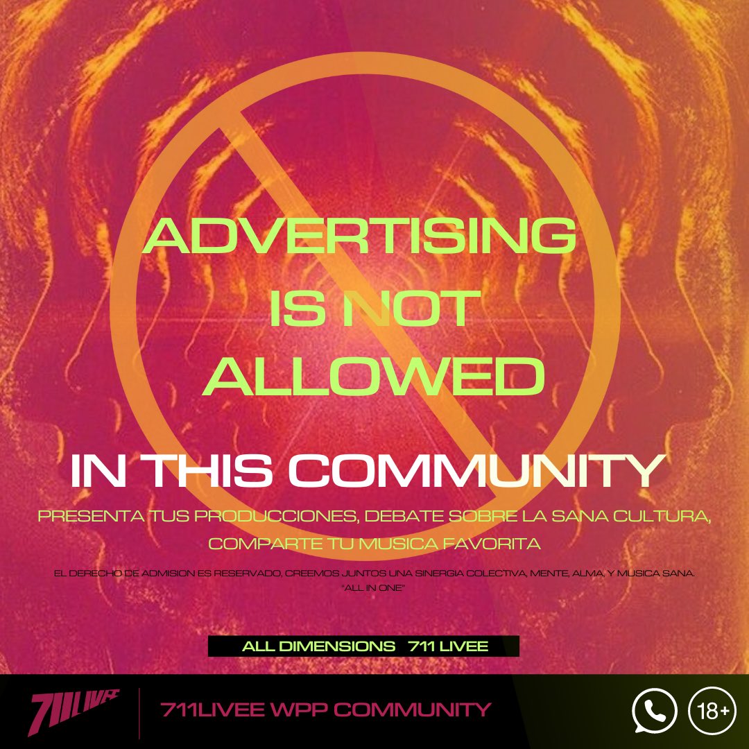 👇🏻
711LIVEE WPP COMMUNITY 📱📱
 
.envia tus producciones
.debate sobre la sana cultura en la escena local
.comparte tu musica favorita
.busca asesoria en tu proyeccion como artista

⚠️⚠️no toleramos ningun tipo de publicidad⚠️

711 livee | ALL DIMENSIONS 
chat.whatsapp.com/BrHMZxc99FAKsV…