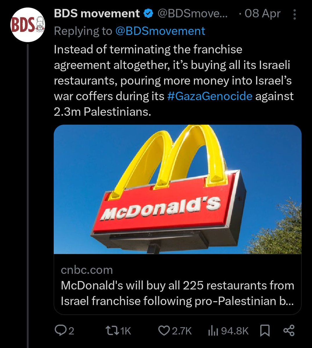 joonkoogi's tweet photo. (1/2) 
McDonalds is highly complicit in the genocide:
1. They provide food to IDF
2. They bought more than 200+ restaurants in isr4el with global franchise royalties. Isr4el use that money to fund their genocide action

U can choose not to support and be evil, just don't mock us https://t.co/sWJ9nIsgpS