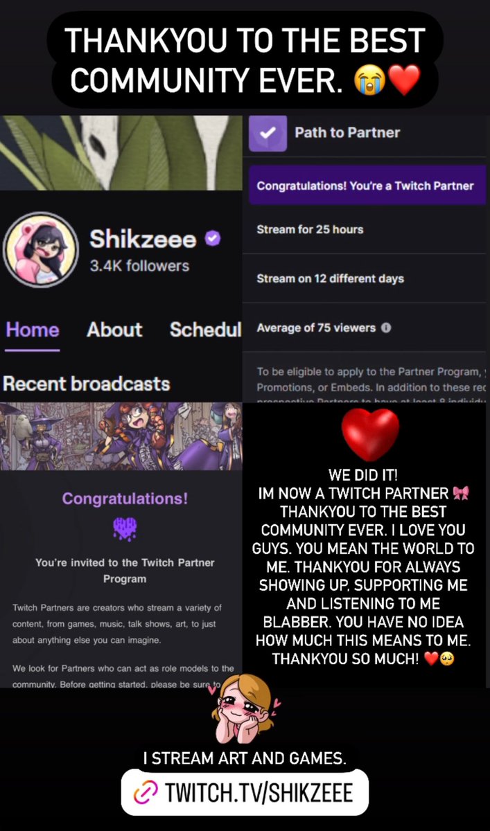 ShikzeeeDraws's tweet photo. I am now a @Twitch Partner. ❤️

Thankyou for showing up on my streams everyday, supporting me endlessly, listening to me blabber, make art and play games! ❤️🫡

I have the best community ever. This means so much to me. ❤️🥺 I appreciate you all so much! 🥺😭 

#TwitchPartner ☑️ https://t.co/6WRlVdc3EH