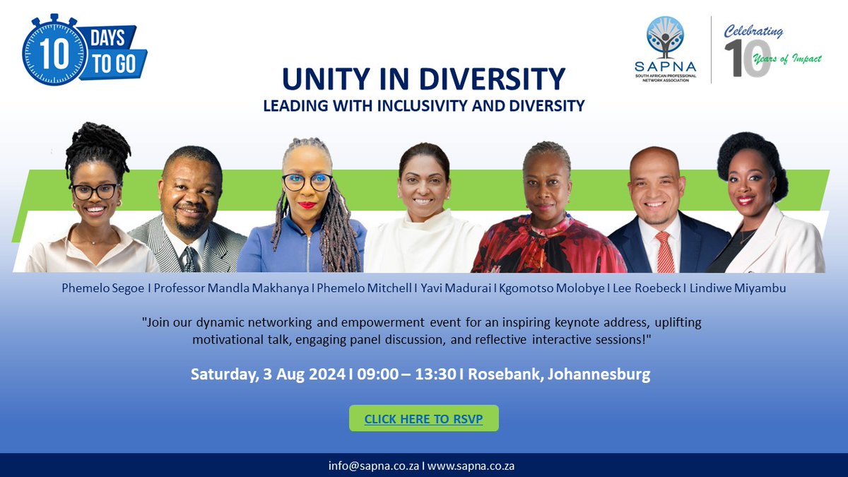 10 Days to Go! 🗓

Join us on 3 August 2024 for the SAPNA Networking &amp; Empowerment Seminar: Unity in Diversity: Leading with Inclusivity &amp; Wellness.

Gain insights, connections, and strategies to excel while championing diversity and wellness.

RSVP: lnkd.in/duyrUh2j