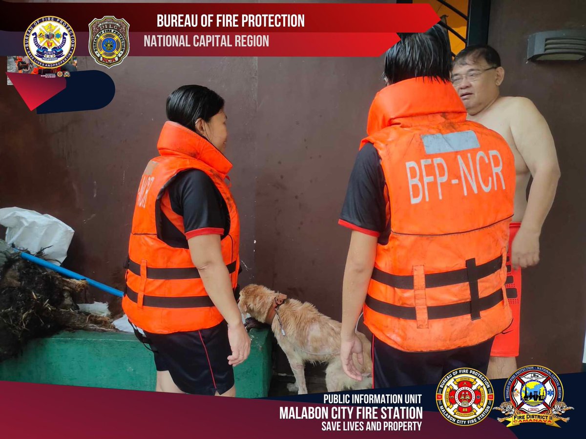 manilabulletin's tweet photo. Thank you, animal heroes! 

Malabon City fire station personnel came to rescue a dog stranded due to the flood caused by Typhoon #CarinaPH along Pascual St., Brgy. San Agustin, Malabon City on Wednesday, July 24. 

📸BFP NCR Malabon City/FB https://t.co/qTba41jf9k