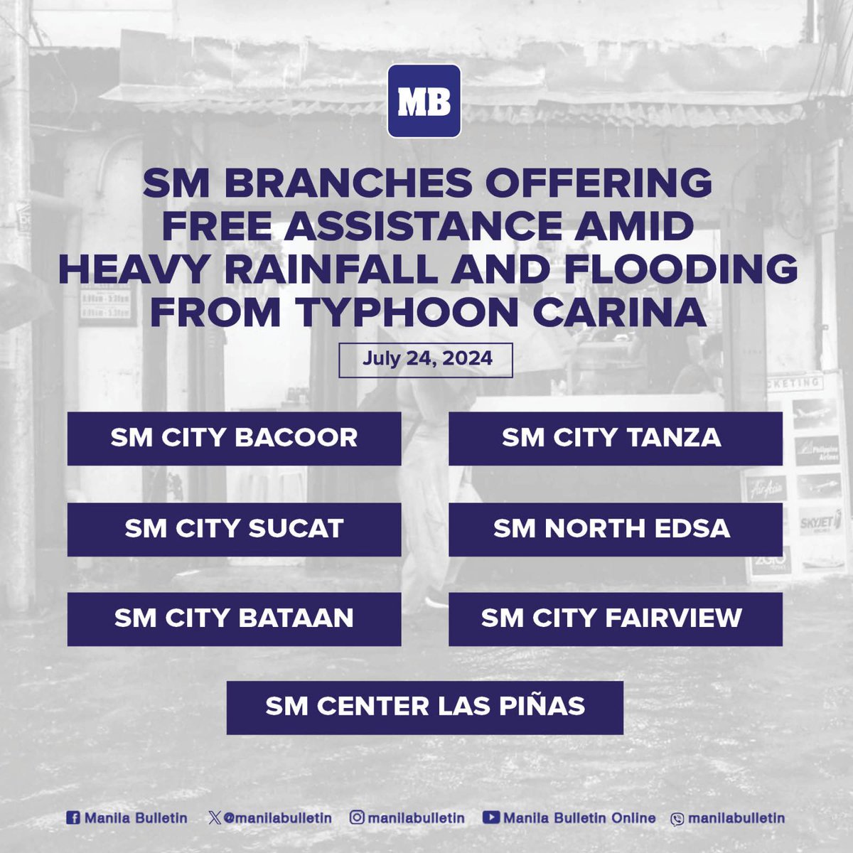 manilabulletin's tweet photo. STAY SAFE, EVERYONE!

SM City branches will offer free overnight parking for those affected by the heavy rainfall and flooding brought by Typhoon #CarinaPH on Wednesday, July 24.

The malls will also provide temporary shelter, free WiFi, charging stations, and a help desk. https://t.co/p543IogHdd