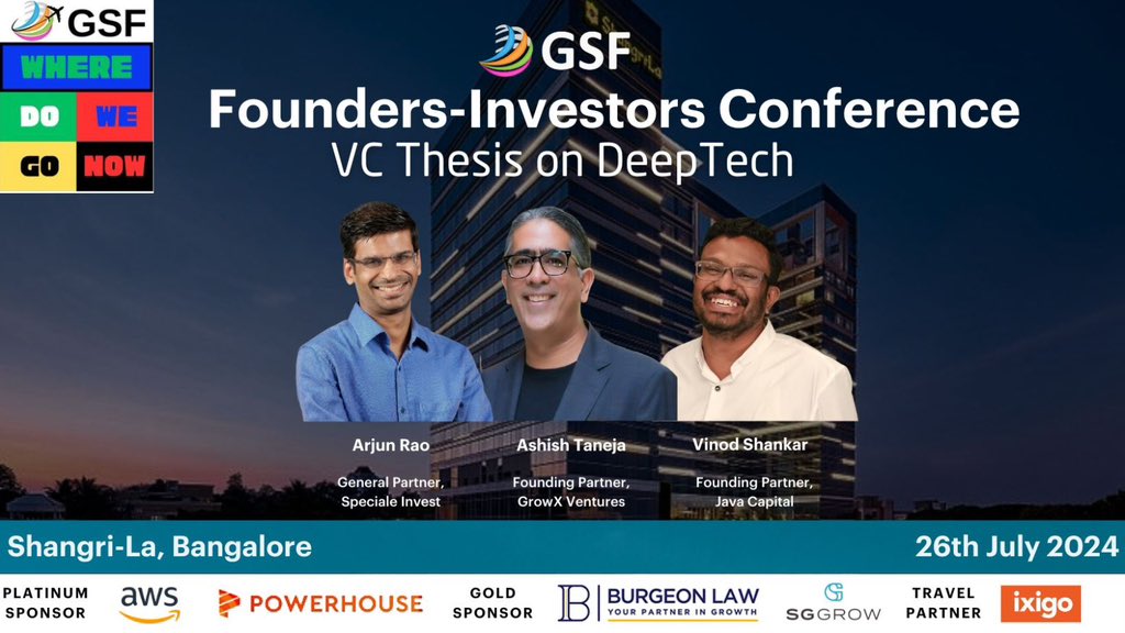 1000 cr  Govt Fund for Space Startups is the best part of Budget for me <a href="/gsf_fund/">GSF Accelerator</a> 

<a href="/nsitharaman/">Nirmala Sitharaman</a>
<a href="/PMOIndia/">PMO India</a>

<a href="/gsf_fund/">GSF Accelerator</a> welcomes 3 leading deep tech VCs to present their thesis on July 26 in BNG.

Arjun Rao <a href="/SpecialeInvest/">Speciale Invest - TheDeepTechVC</a>
<a href="/ashish_taneja/">ASHISH TANEJA</a> <a href="/growXventures/">growX ventures</a> 
<a href="/vinod_shankar/">Vinod_Java</a> <a href="/JavaCapital/">JavaCapital</a>