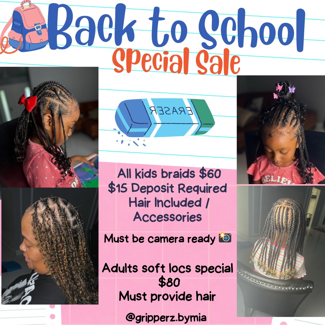 _miaaababy__'s tweet photo. $60 kids braids and $80 soft locs special ! @gripperz.bymia  $15 deposit to book !!!

 #Kanguva #kidsbraids #KamalaHarris https://t.co/gljXfwSZLQ