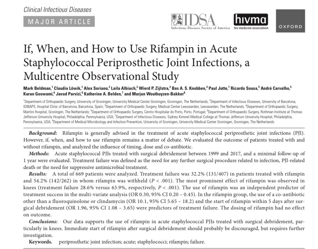 Takahiro Matsuo (Taka), MD (@takamatsuo_id) on Twitter photo 【If, When, and How to Use Rifampin in Staph PJI】<a href="/CIDJournal/">Clinical Infectious Diseases</a> 2021
👉N=669, multicenter
👉Failure 32% w RIF vs 54% w/o RIF
👉RIF use: success↑
👉RIF start within 5 days after debridement: failure↑
pubmed.ncbi.nlm.nih.gov/33970214/
<a href="/MayoClinicINFD/">Mayo Clinic Infectious Diseases</a> #OrthoID #Teachingrounds 【If, When, and How to Use Rifampin in Staph PJI】<a href="/CIDJournal/">Clinical Infectious Diseases</a> 2021
👉N=669, multicenter
👉Failure 32% w RIF vs 54% w/o RIF
👉RIF use: success↑
👉RIF start within 5 days after debridement: failure↑
pubmed.ncbi.nlm.nih.gov/33970214/
<a href="/MayoClinicINFD/">Mayo Clinic Infectious Diseases</a> #OrthoID #Teachingrounds