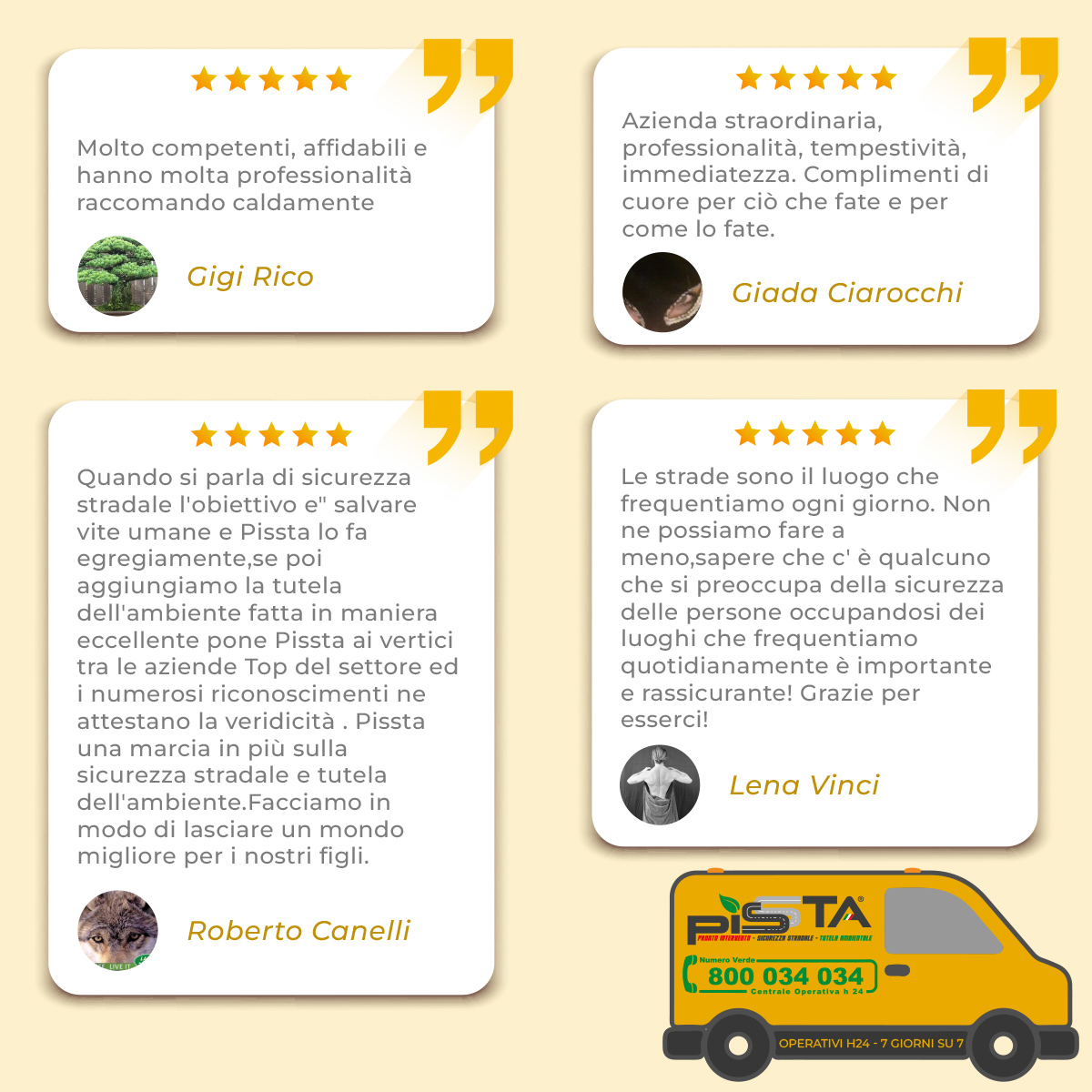 🟡 Scopri cosa dicono di noi

Le recensioni parlano chiaro: PISSTA è sinonimo di affidabilità e professionalità. Scopri cosa dicono di noi i nostri clienti soddisfatti e unisciti a chi ha già scelto l’eccellenza nei servizi di pronto intervento e tutela ambientale.

#PISSTA