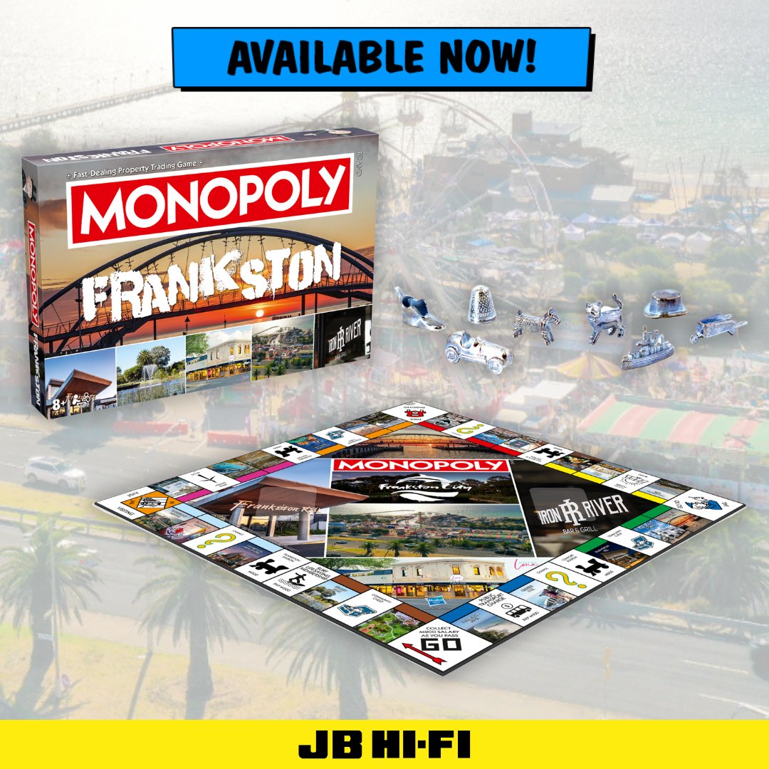 JBHiFi's tweet photo. It's time to buy, sell &amp; trade your way through Frankston! 💲🏠

Help us celebrate Monopoly’s latest release, honouring one of Melbourne’s most iconic suburbs!📍

🎲 Monopoly: Frankston Edition, OUT NOW: https://t.co/QpIFYjs3lL https://t.co/Bj7Nl02m7H