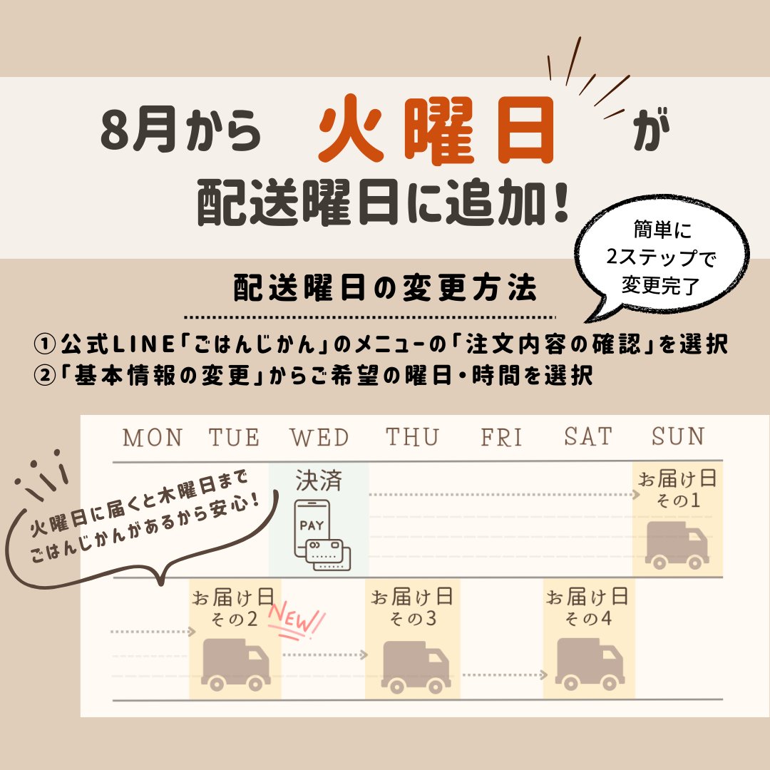 _gohanjikan's tweet photo. 📢配送曜日追加のお知らせです📢
8月より配送曜日に火曜日が追加されることになりました🎉🎉
火曜日に変更したい!!という方は、7/31(水)23時59分までのご注文で火曜日に変更できますよ～🙆

#ごはんじかん #gohanjikan #宅食 https://t.co/EzPj5RftpP