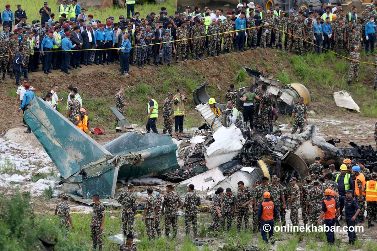 UjjwalAcharya's tweet photo. Another horrible air accident in #Nepal: Saurya Air's #9NAME - 21.4 year old Bombardier CRJ-200 - crashed immediately after takeoff at Tribhuvan Int'l Airport, Kathmandu - reportedly killing 18 of 19 onboard - mostly airlines staff. It was en route to #Pokhara for engine repair. https://t.co/6Tt0MjrUBp