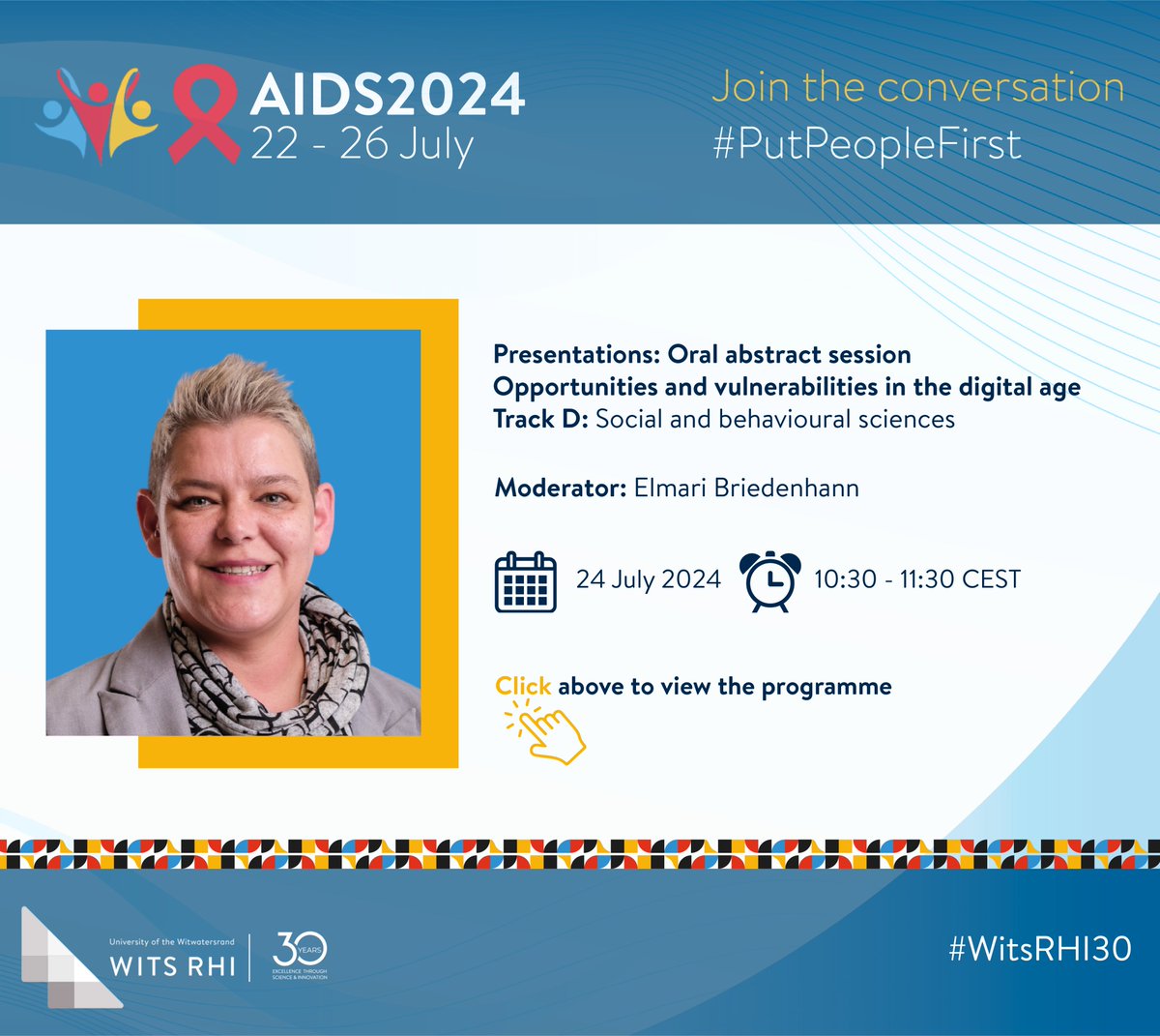 Wits RHI (@witsrhi) on Twitter photo 🌟Day 3 at #AIDS2024! Join us for "Opportunities and Vulnerabilities in the Digital Age," moderated by Elmari Briedenhann, in Room 5. Elmari, a tech head at Wits RHI, has led key HIV prevention projects and developed IEC materials for oral PrEP in SA. 
🔗shorturl.at/7S9FJ 🌟Day 3 at #AIDS2024! Join us for "Opportunities and Vulnerabilities in the Digital Age," moderated by Elmari Briedenhann, in Room 5. Elmari, a tech head at Wits RHI, has led key HIV prevention projects and developed IEC materials for oral PrEP in SA. 
🔗shorturl.at/7S9FJ