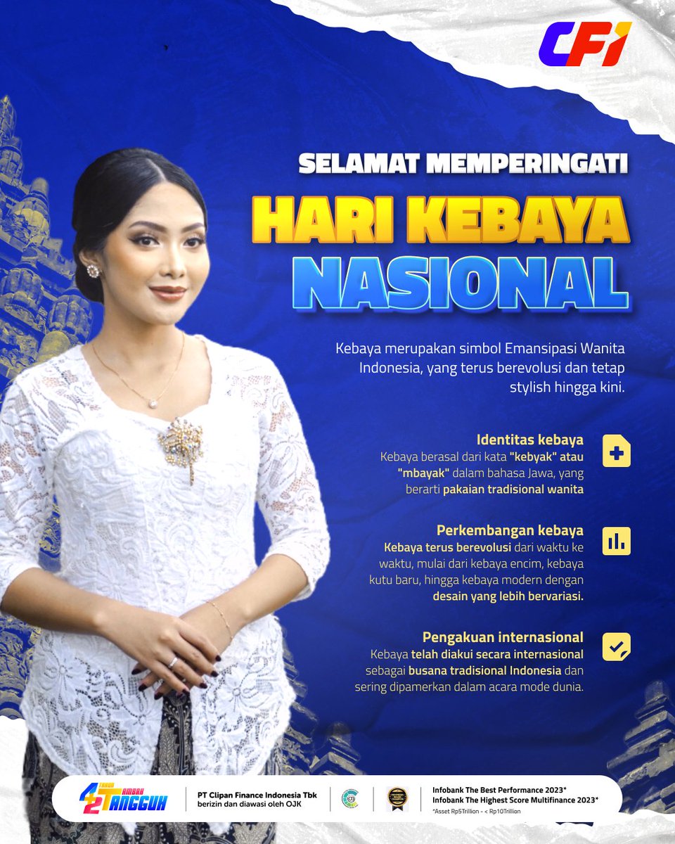 Selamat Hari Kebaya Nasional! Kebaya, dengan segala pesonanya, adalah cerminan identitas dan keanggunan perempuan Indonesia. Mari rayakan hari ini dengan penuh kebanggaan bersama Clipan Finance, dan tunjukkan kecintaan kita pada warisan budaya yang tak lekang oleh waktu ini! 💖🎀