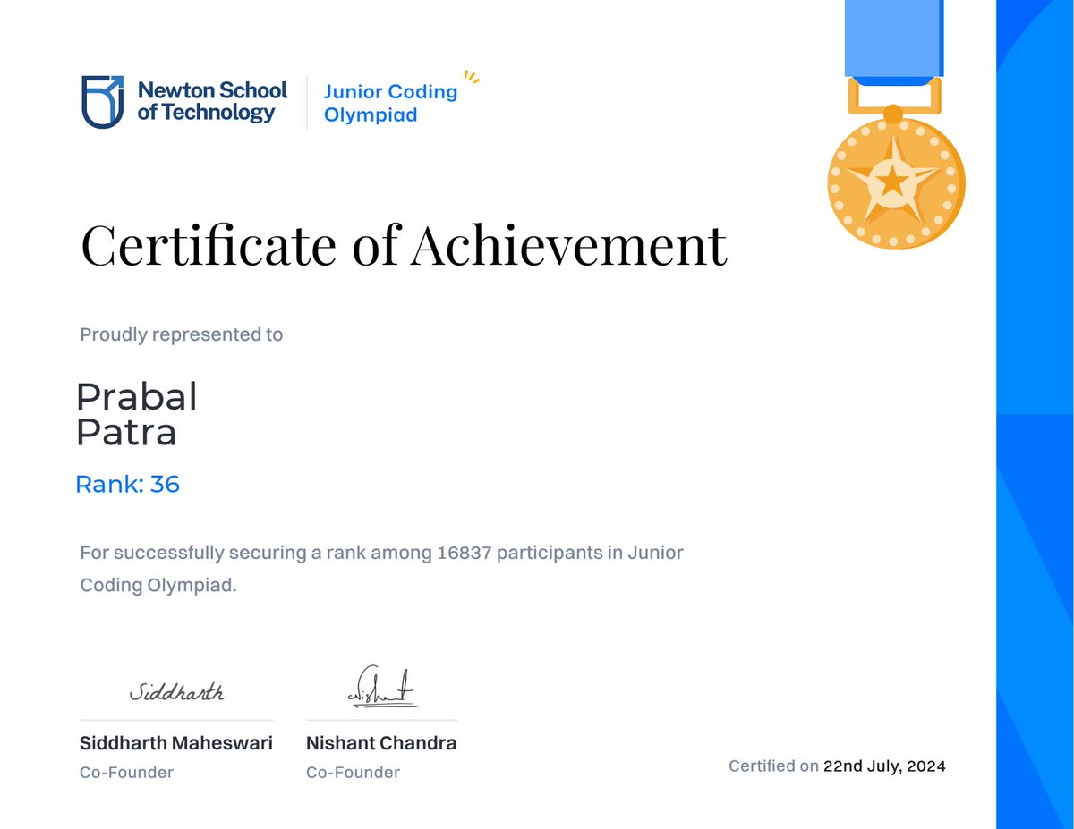 🎉 Secured the 36th rank out of 16,837 participants in the Junior Coding Olympiad by Newton School of Technology! 🏅

Thanks to <a href="/NewtonSchoolHQ/">Newton School 🚀</a> for providing such a fantastic platform. 🙌

❄️ LinkedIn post: linkedin.com/posts/prabalpa…

✨ Special Tags: <a href="/Siddharth/">Siddharth Maheshwari</a> <a href="/nishantXchandra/">Nishant Chandra</a>