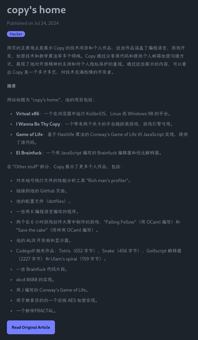 MaxieeWong's tweet photo. #raymark 《copy's home》https://t.co/FzjvctEPVX
网页的主要观点是展示 Copy 的技术项目和个人作品,这些作品涵盖了编程语言、游戏开发、加密技术和数学算法等多个领域。Copy 是一个多才多艺、对技术充满热情的开发者。 https://t.co/7y07f2mWDf