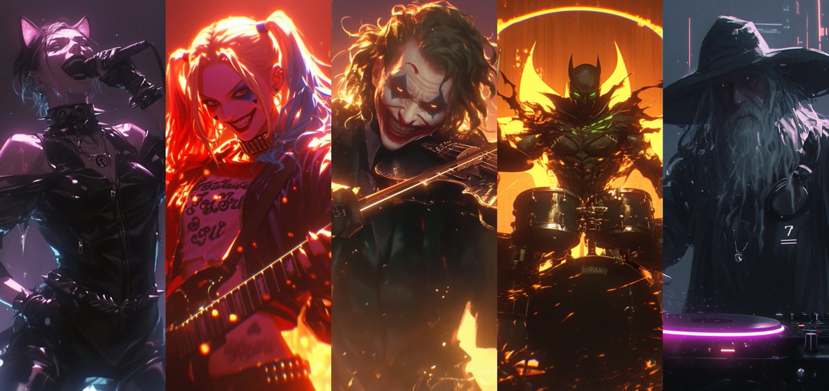 underwoodxie96's tweet photo. Would you support this rock band? #midjourney #nijijourney #Catwoman #HarleyQuinn #Joker #Batmen #Gandalf #AIグラビア #AIart https://t.co/h1jtSPKdkm
