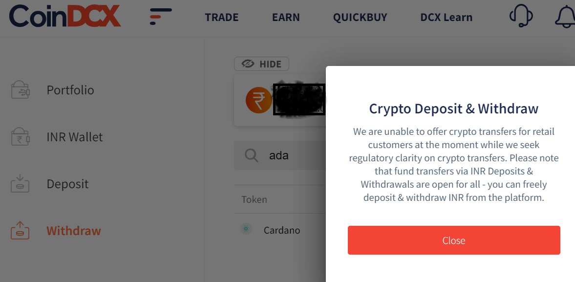 shethiarajesh's tweet photo. @CoinDCX_Cares @CoinDCX This is the message on your portal saying crypto withdrawals are not provided for retail investors- https://t.co/hfo9XzgFjO