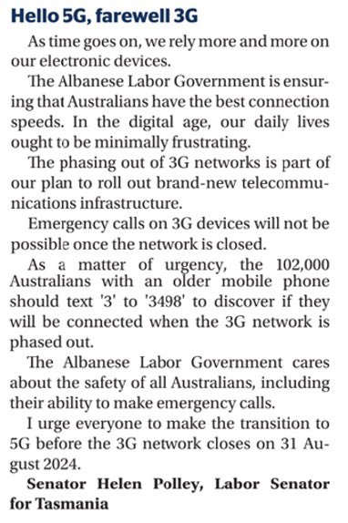 polley_helen's tweet photo. My Letter to the Editor in today's @ExaminerOnline 3G network closure. #3G #3Gnetwork #network #closure #5G #telecommunications #telco #auspol #politas @AustralianLabor @TasmanianLabor https://t.co/VBbrTCtF7x