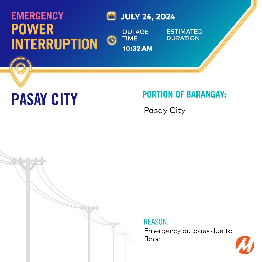 meralco's tweet photo. Your area in Pasay City may have been affected by an emergency line trouble which occurred at 10:32 AM. 
Track the status of the outage through the Meralco Outage Map. Just follow the link below to know more! https://t.co/VNxSiq60iD https://t.co/Dmt0PXq7Hh