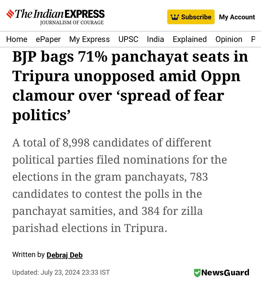 RijuDutta_84's tweet photo. BJP has already Won in over 71% of the seats in the Gram Panchayat, 68% of the seats in the Panchayat Samity, and 17% of the seats in the Zilla Parishad, UNOPPOSED before the Panchayat Election to be conducted on August 8 - Tripura State Election Commission secretary Asit Kumar Das

GRAM PANCHAYAT - BJP Won 4,550 out of 6,370 seats Uncontested!

PANCHAYAT SAMITY - BJP Won 244 of the 423 seats Uncontested!

ZILLA PARISHAD - BJP Won 20 out of 116 seats Uncontested!

Open threats, Fear Tactics, Intimidation, Rampant Violence…Yet No Media Outrage, No talk shows on “Poll Violence”!

Apparently if it’s a BJP run State then “sab changa si” and if it’s Bengal then 24x7 news coverage, atleast 5 debates/talk shows per channel on a daily basis across all national/state channels till result day…just to malign @AITCofficial & Bengal!

This is the Hypocrisy that needs to end!