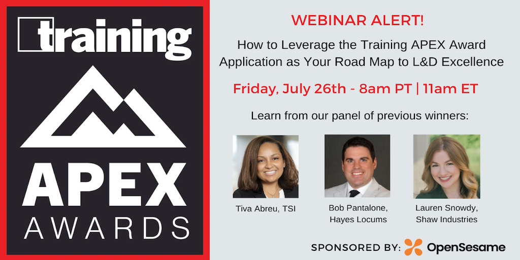 It's A Win-Win Webinar!

🏆 Join Us On Friday (7.26) for an insightful event --&gt; "How to Leverage the Training APEX Award Application as Your Road Map to L&amp;D Excellence."

Learn new ways to showcase your success - Register Now! trainingmagnetwork.com/events/3843?gr…

➡️ Sponsored by <a href="/OpenSesame/">OpenSesame</a>