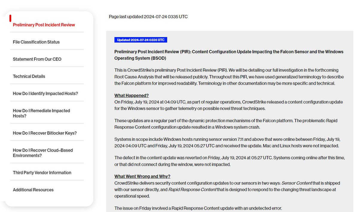 _JohnHammond's tweet image. CrowdStrike Preliminary Post Incident Review (PIR) is released: crowdstrike.com/falcon-content…