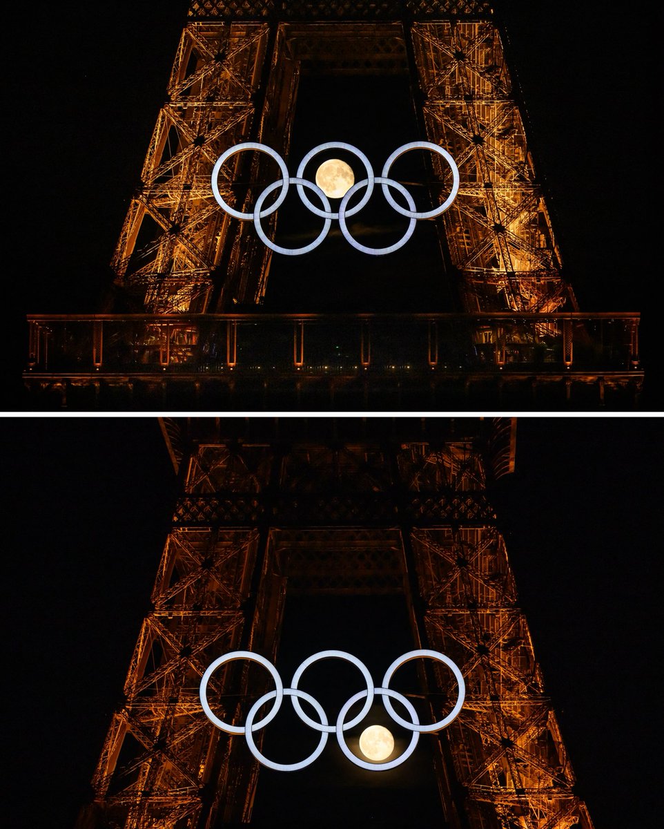 BleacherReport's tweet photo. The moon aligned perfectly with the Olympic Rings at the Eiffel Tower 😍🌕

( 📸: Loic Venance) https://t.co/vqWx3bxQ5I