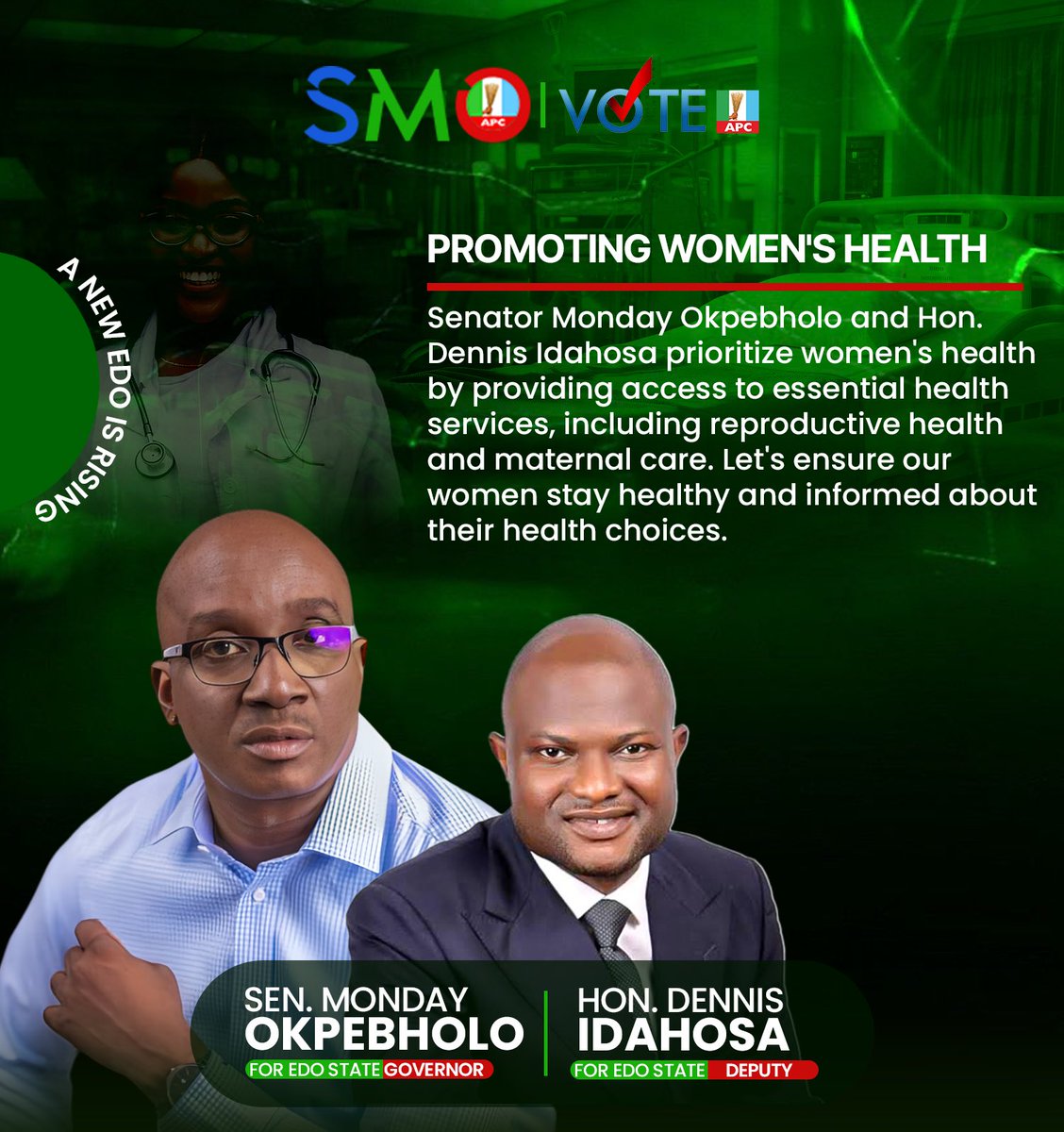 tinyanotuomagie's tweet photo. Promoting Women's Health.

Senator Monday Okpebholo and Hon. Dennis Idahosa prioritize women's health by providing access to essential health services, including reproductive health and maternal care. Let's ensure our women stay healthy and informed about their health choices. 

#SMO
#ANewEdoIsRising
#Edo2024
#APCNewMedia 
#MondayForGovernor 
#EdoWomen