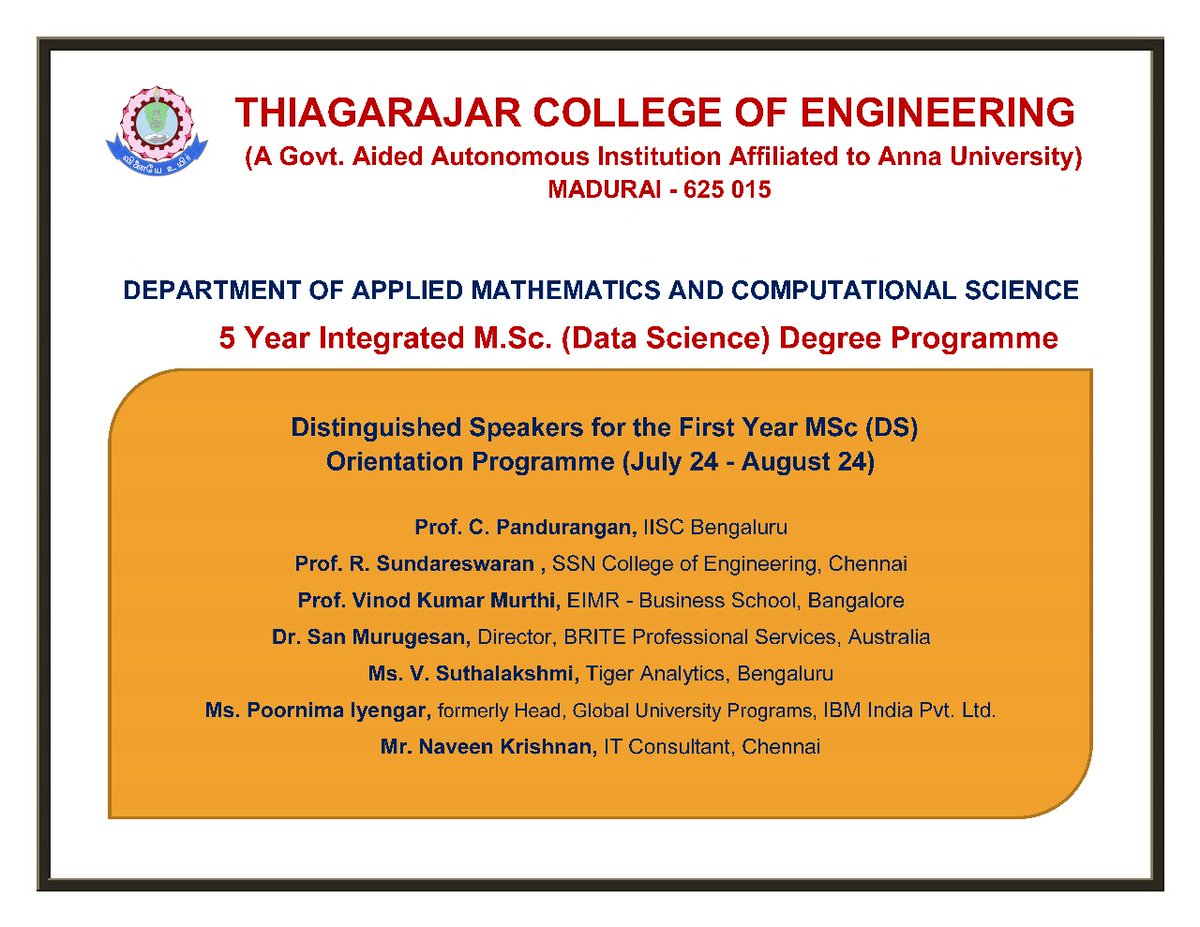 tceofficialpage's tweet photo. Join us for the First Year MSc (Data Science) Orientation Programme at TCE! 📚✨ From July to August 2024, students will engage with top experts and gain invaluable insights.

#TCE #DataScience #Orientation2024 #MScDataScience #EngineeringEducation #TechLeaders https://t.co/EVNncv5lFU