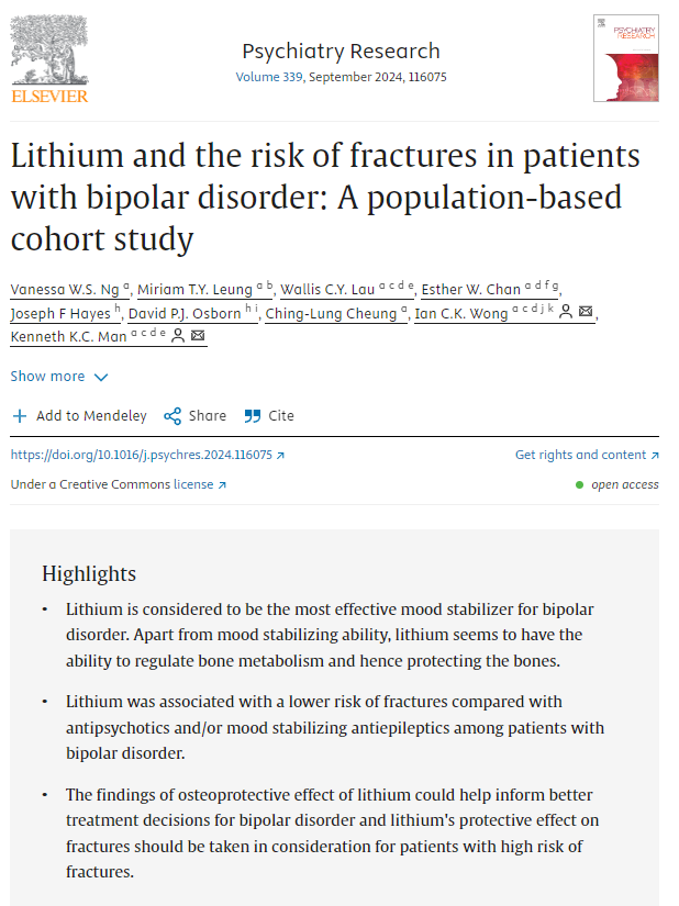 CSMPR_HKU (@csmpr_hkupharm) on Twitter photo Our <a href="/PsychiatryResJ/">Psychiatry Research Journal</a> study finds that #lithium may lower #fracture risk in #bipolardisorder patients compared to #antipsychotics and #antiepileptics.
Full paper: doi.org/10.1016/j.psyc…
(1/2) Our <a href="/PsychiatryResJ/">Psychiatry Research Journal</a> study finds that #lithium may lower #fracture risk in #bipolardisorder patients compared to #antipsychotics and #antiepileptics.
Full paper: doi.org/10.1016/j.psyc…
(1/2)