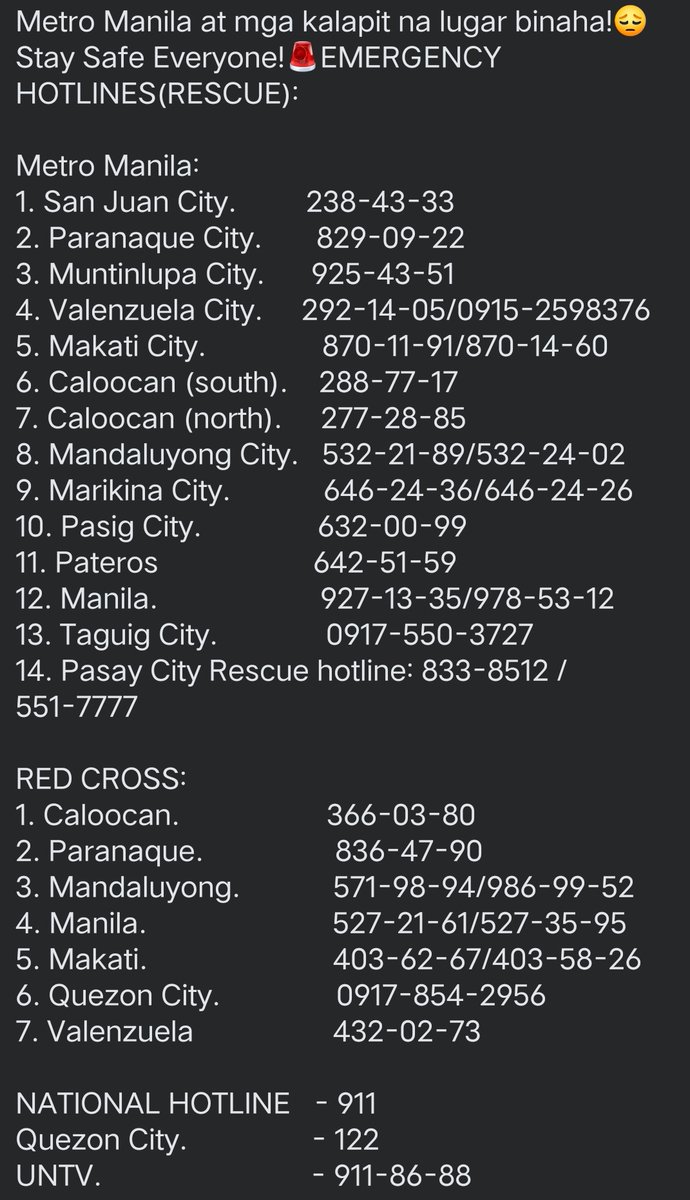 onlykmrph's tweet photo. Metro Manila at mga kalapit na lugar binaha!😔 Stay Safe Everyone!🚨EMERGENCY HOTLINES(RESCUE):
Pls fwd to your family and friends.
#CarinaPH
#GodblessPH https://t.co/urTR8hkgRn