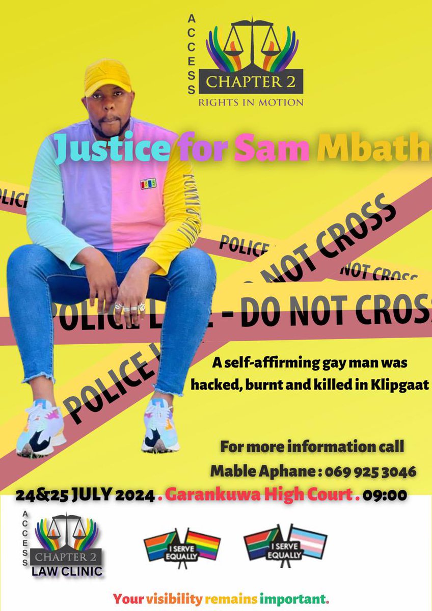 AccessChapter2's tweet image. Court Monitoring 

Sam Mbatha, an LGTBI+  activist was brutally murdered nearly three years ago. His body was found inside a burnt Hyundai i20 vehicle, at a soccer field in Ikageng on 17 June 2021. 

The 3  suspects were arrested  Arthur Khoza, Mahlatsi Nkuna and Thato Mosetla