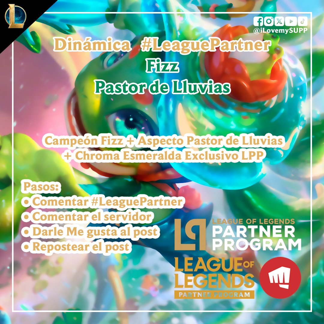 Soy parte del Programa de Socios de LoL de Riot Games y ellos me dieron algunos códigos para ustedes.

Fizz Pastor de Lluvias:
• Serán 20 códigos

Los resultados los daré a conocer el sábado 27 de julio de 2024.

¡Mucha suerte a todos!

#LeagueOfLegends #LeaguePartner