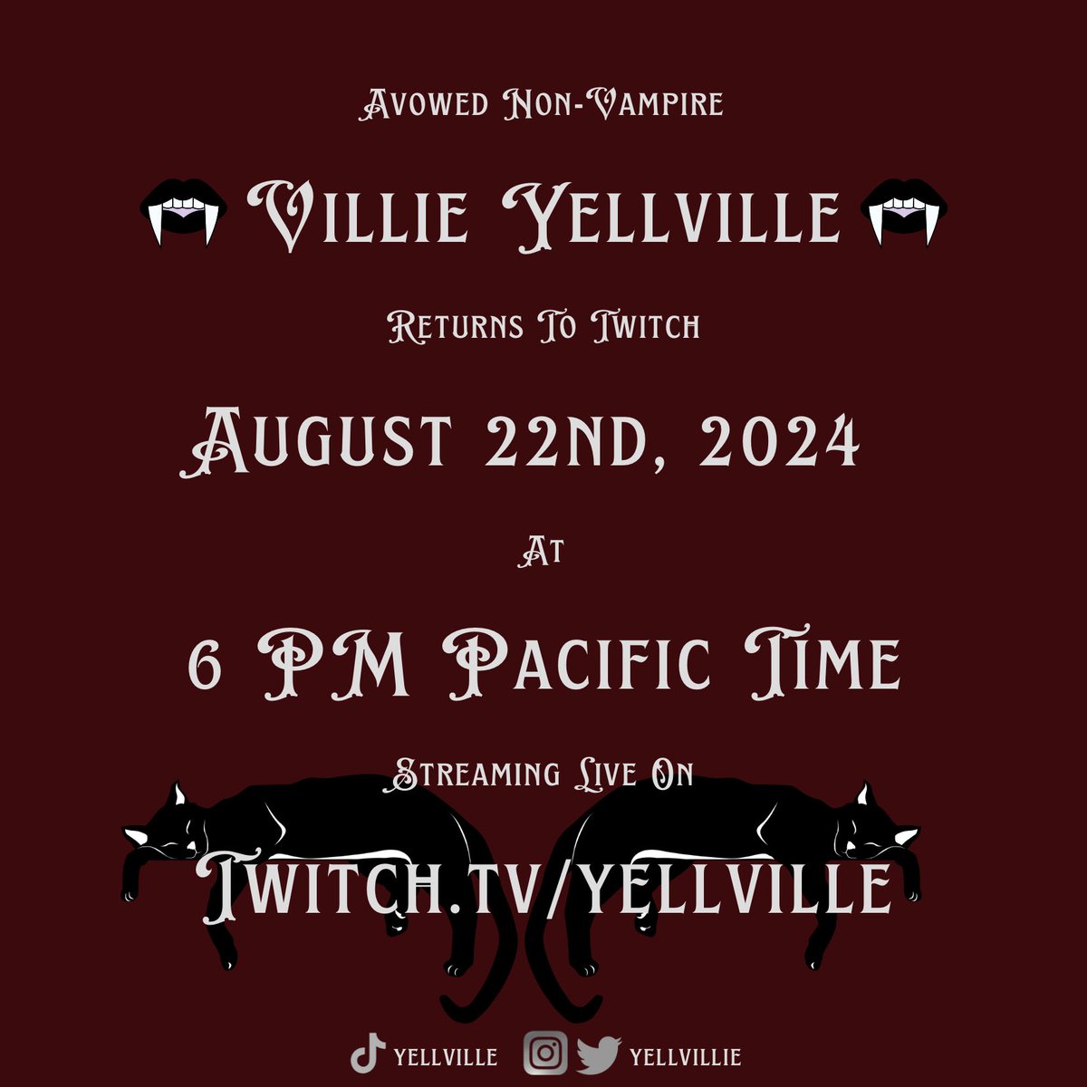yellvillie's tweet photo. Now that I've settled tensions with the villagers downhill from my castle, I'm returning to Twitch. It's my great privilege to gather new and returning c̷o̷v̷e̷n̷ ̷m̷e̷m̷b̷e̷r̷s viewers and resume my gaming streams! Lastly, I must reiterate that I am 𝖓𝖔𝖙 𝖆 𝖛𝖆𝖒𝖕𝖎𝖗𝖊! https://t.co/c5wNGUwd51