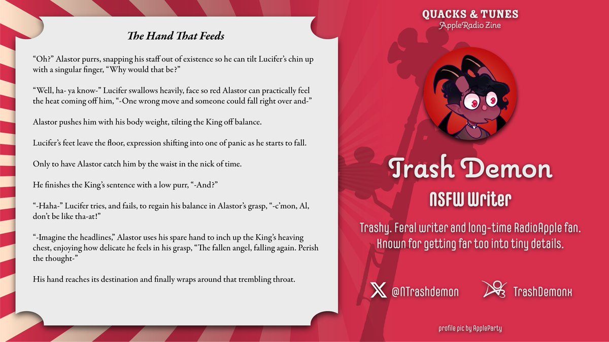 appleradiozine's tweet photo. .•♫•♬• 𝐆𝐔𝐄𝐒𝐓 𝐒𝐏𝐎𝐓𝐋𝐈𝐆𝐇𝐓 •♬•♫•.

Our NSFW Writer @NTrashdemon  is giving us a snippet of their works! Go and check them out for their other works! 

We are totally excited for their work about RadioApple! https://t.co/PYZxkTd84v