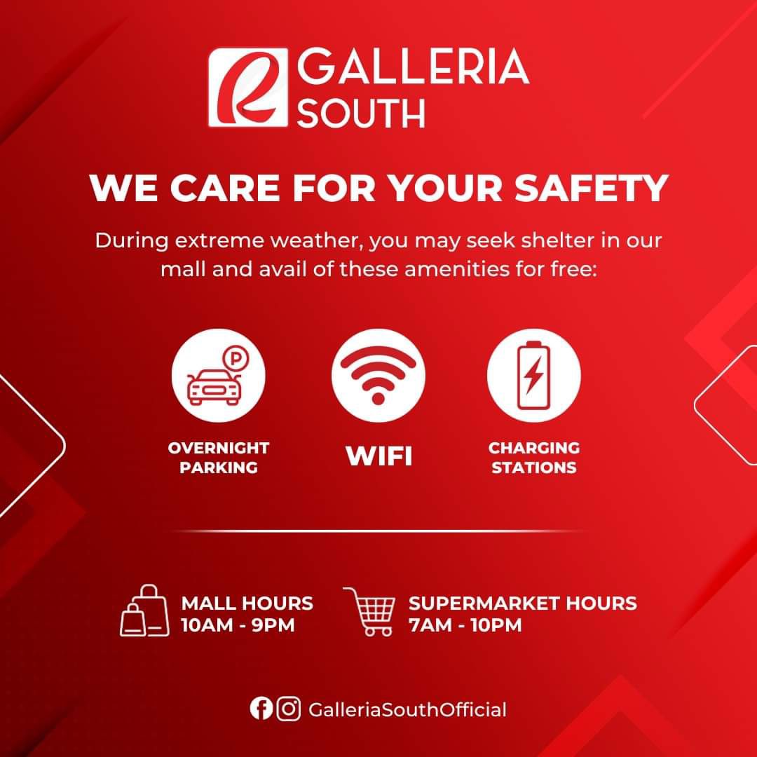 ilyxuthe8's tweet photo. FOR TEMPORARY SHELTER BECAUSE OF #CarinaPH, some malls offered temporary shelters! Overnight parking fees are waived, and they offer charging stations. 🚨

AYALA MALLS FAIRVIEW TERRACES 
VISTAMALL
GALLERIA SOUTH
SM NORTH EDSA
LUCKYCHINATOWN https://t.co/aAyL1uOtWk