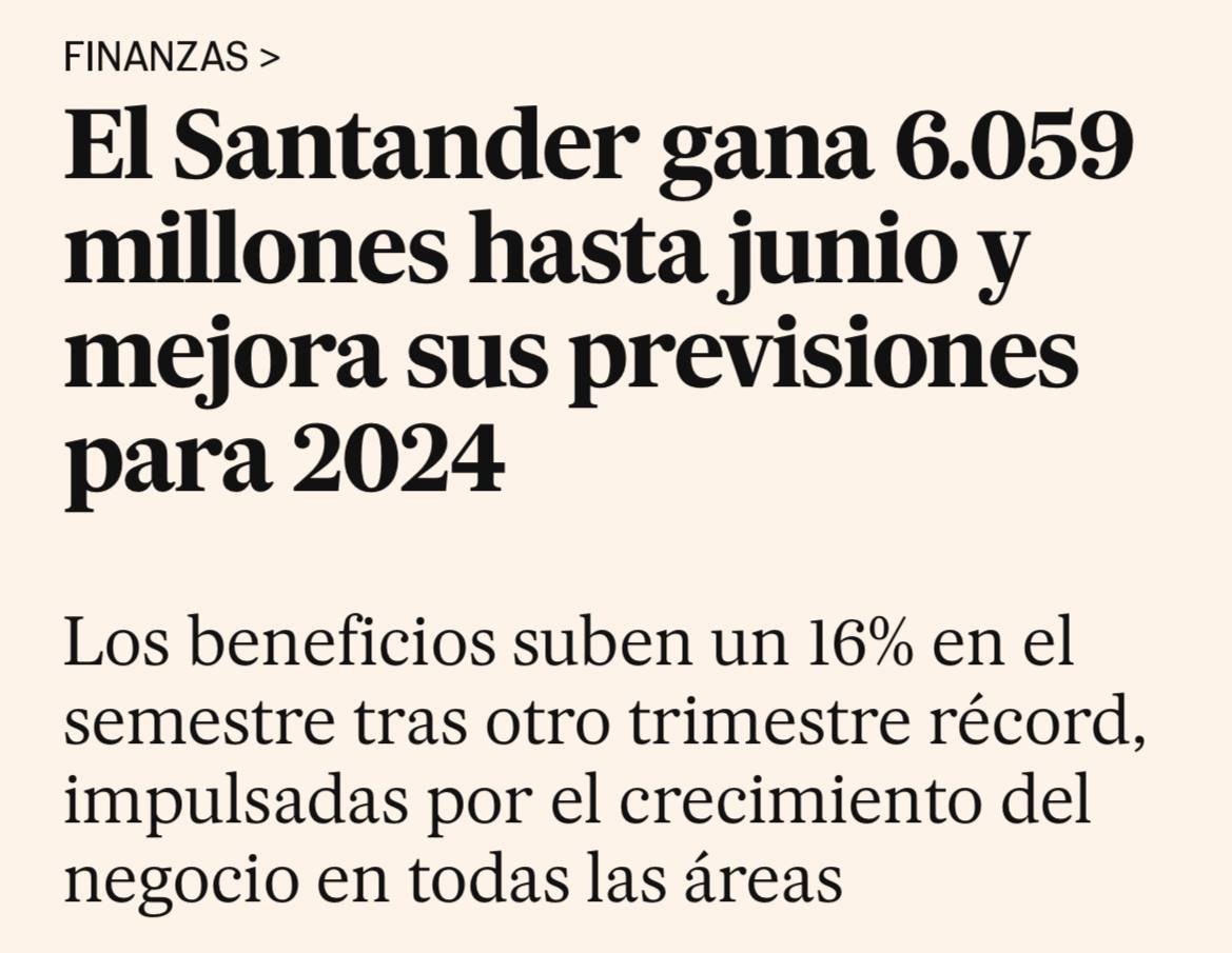 JulenBollain's tweet photo. Santander gana 6.059 millones de euros en tan solo seis meses. Un 16% más que el año anterior.

El año pasado ganó un 15% más que el año anterior.

Suma y sigue. Nueva entrega de "no me pongas un impuesto que me voy a la quiebra". https://t.co/vnEY65Itq1