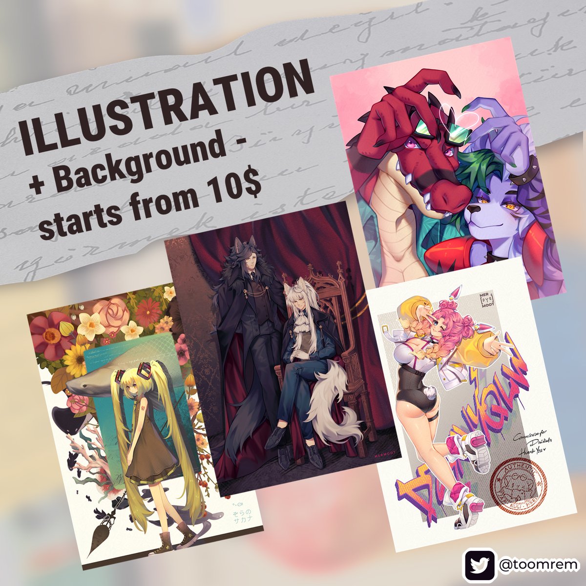 toomrem's tweet photo. My Artwork starts from 
Bust $30 
Waist $40$
FB $50
with background starts from $10

DO : Furry, NSFW, All couples 
DON'T : Mecha/heavy armor, comic/webtoon, cp
Please don't forget to check more sample and my complete ToS on the website https://t.co/3RZki5qa3K 

#artmoots https://t.co/ehkJQzjDKz