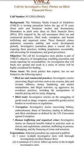 🗣️ This is a final call for Investigative Story Pitches.

<a href="/VoluntaryMedia/">VMCZ Zimbabwe</a> invites journalists (below the age of 35 years) &amp; documentary filmmakers across 🇿🇼 Zimbabwe to pitch story ideas on illicit financial flows (IFFs).

Apply by close of today, July 24. buff.ly/3LGn4C4