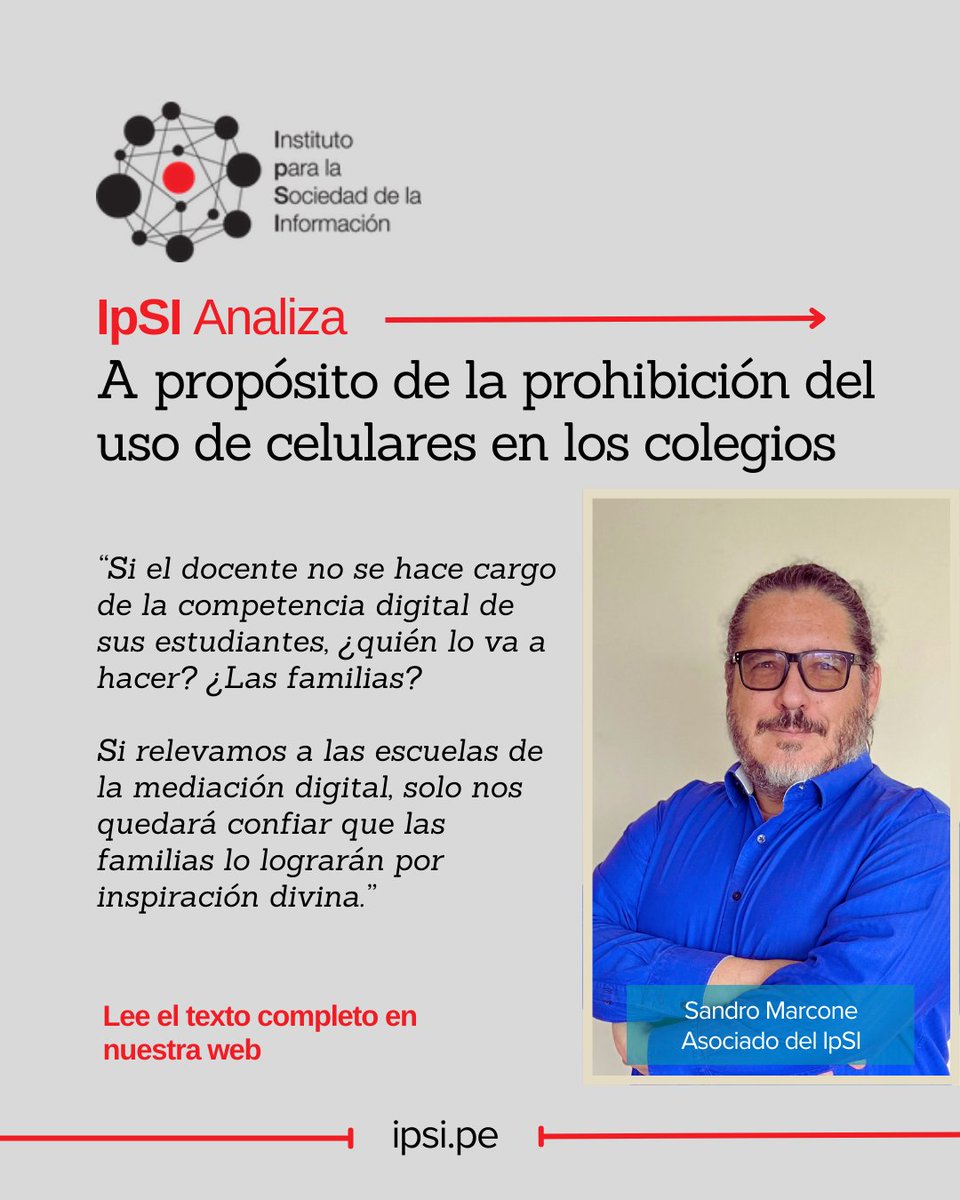 ipsi_pe's tweet photo. 📱A propósito del Proyecto de Ley que busca prohibir el uso de celulares en los colegios públicos y privados, nuestro asociado @sandromarcone comparte su análisis.

🚨Léelo aquí:
https://t.co/0bbUNNVlUt https://t.co/BrW5LKcf4t