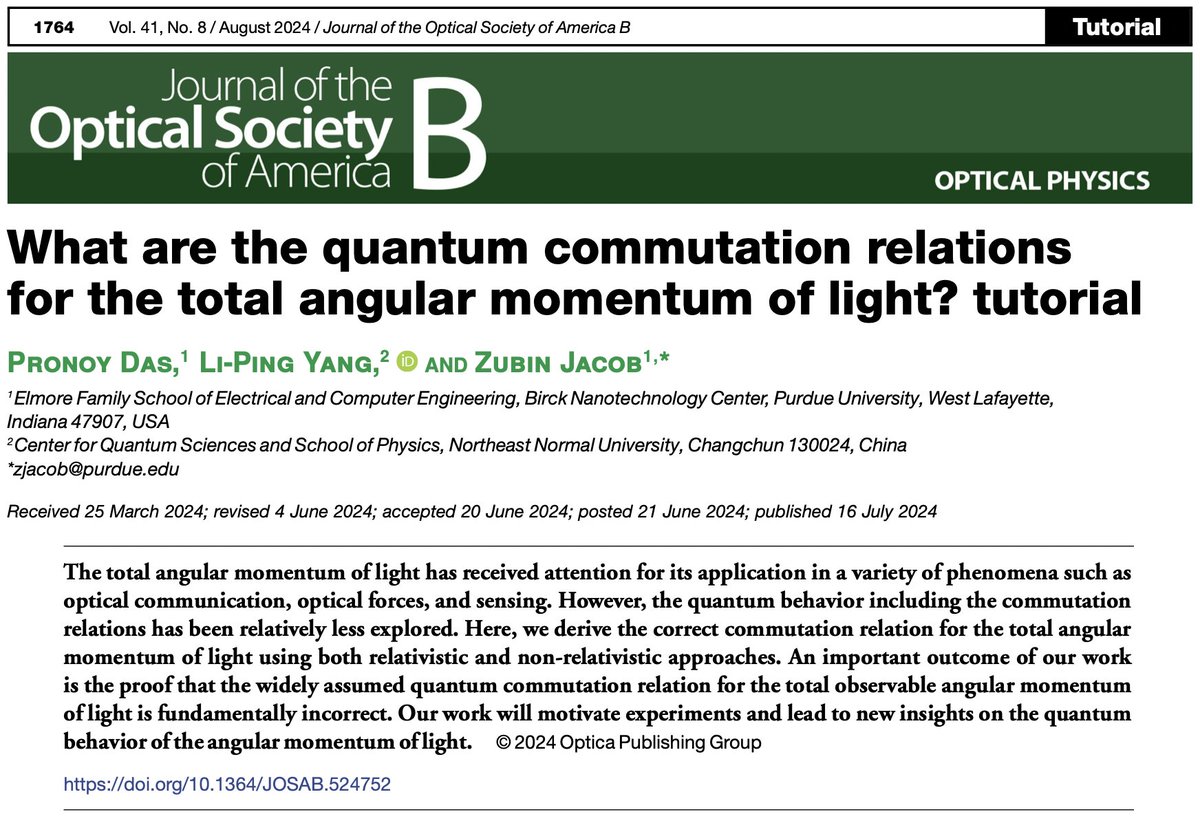 Check out our recent theory work on the #quantum commutation relations for the total angular momentum of light published in JOSA B.

Read more at: doi.org/10.1364/JOSAB.…

<a href="/PurdueECE/">PurdueECE</a> <a href="/OpticaPubsGroup/">Optica Publishing Group</a> #JOSAB
