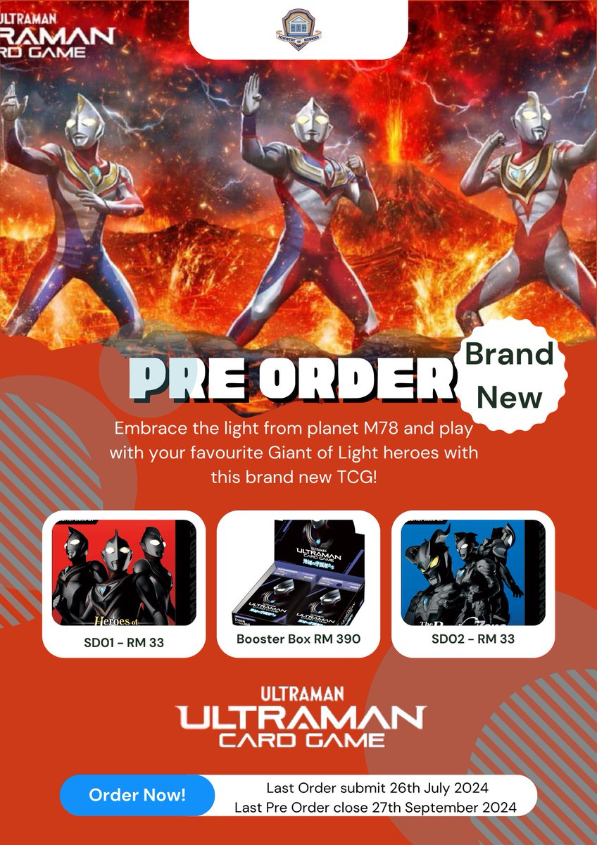 MoHobbies_MY's tweet photo. 🎉 More Exciting News! 🎉

We're submitting our order for Ultraman TCG!

Special Offer: Buy 4 SD packs at RM 30 each until 26th July.
Additional Units: RM 33 each after pre-order, RM 35 on release.
Booster Boxes: RM 390 per box until end of pre-order.
Don't miss these deals! https://t.co/Slhe3oR8bv