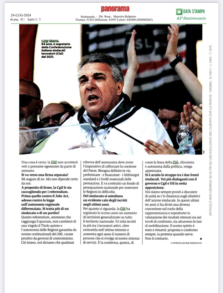 CislNazionale's tweet photo. #LuigiSbarra su ‘Panorama’: “Sappiamo che ci attendono scelte difficili sul piano finanziario. Le nuove regole di bilancio introdotte con la riforma del patto di stabilità europeo impongono ai Paesi entrati in infrazione, come il nostro, la presentazione entro il 20 settembre di un piano pluriennale di riforme e investimenti sulla base delle linee guida indicate dalla Commissione. Per questo abbiamo chiesto al Governo di ragionare insieme sugli interventi da mettere in campo. Siamo pronti al dialogo costruttivo, ma deve essere chiaro che senza risposte non ce ne staremo immobili”.